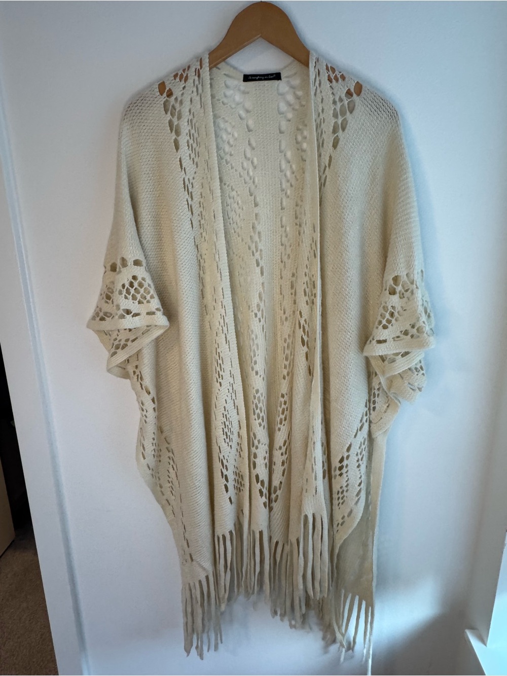 Do everything in love Ivory Open-Knit Fringe Poncho Sweater
